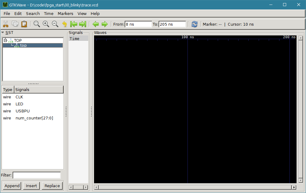 Initial Waveform view in GtkWave