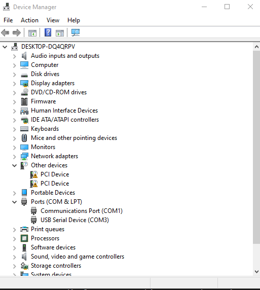 DeviceManager Showing our board's COM port